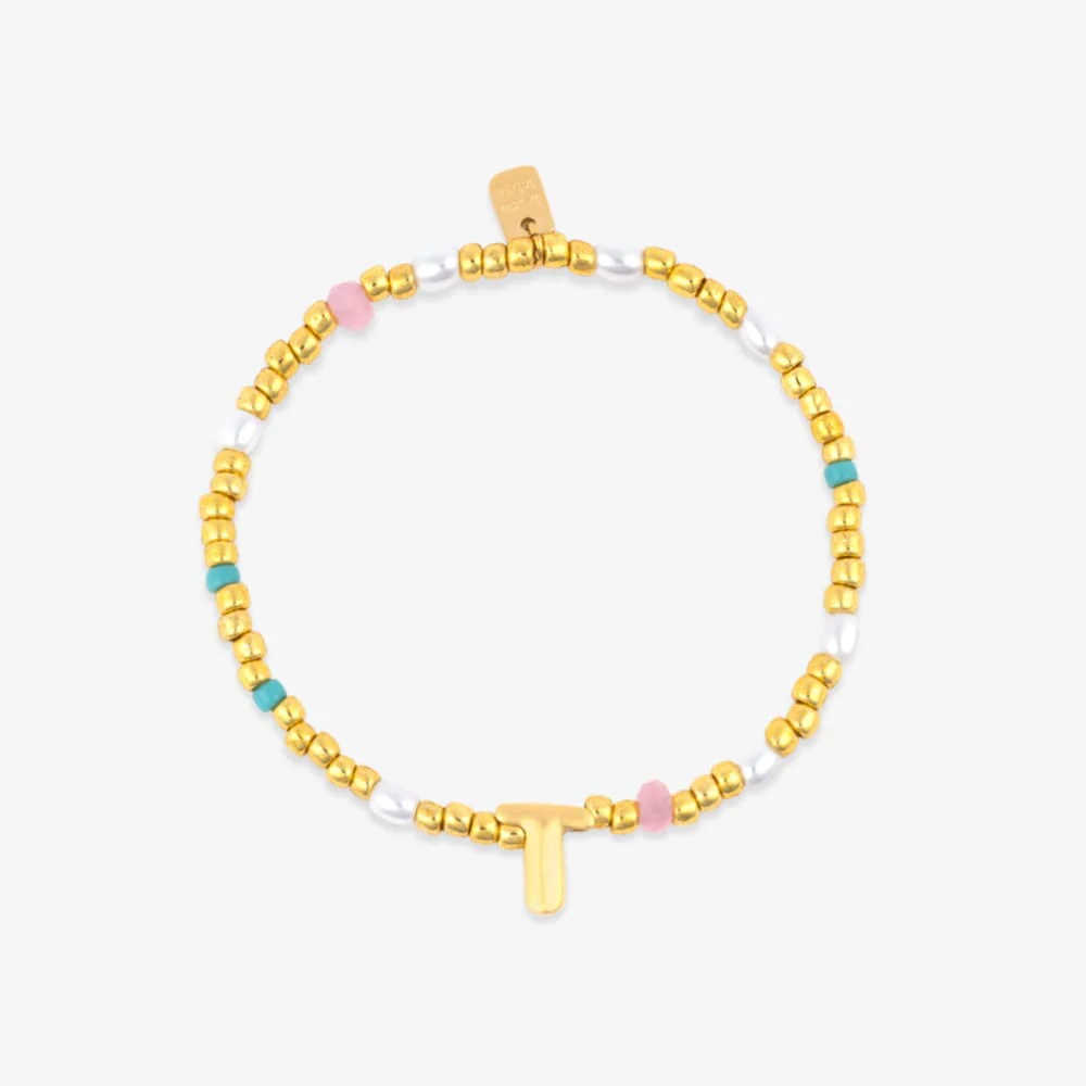 Initial Pearl & Seed Bead Stretch Bracelet - Image 3